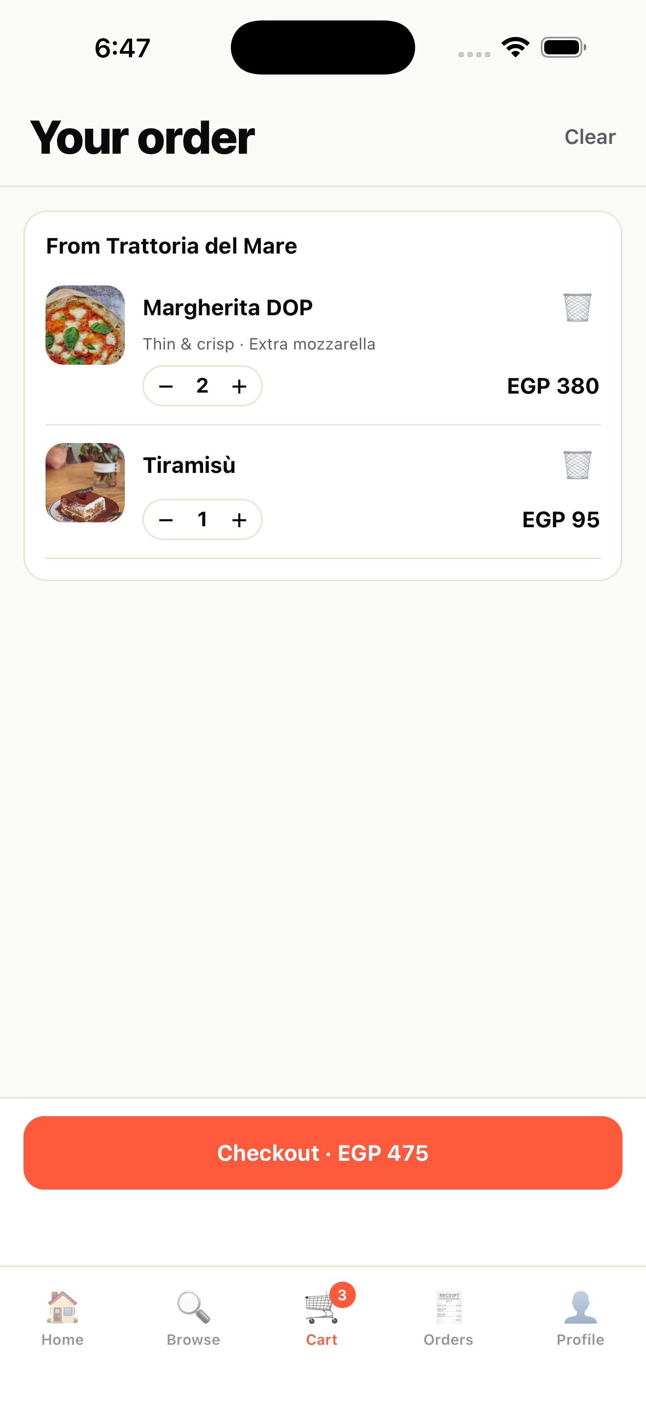 The Sharm Eats checkout, showing an honest up-front ETA and total