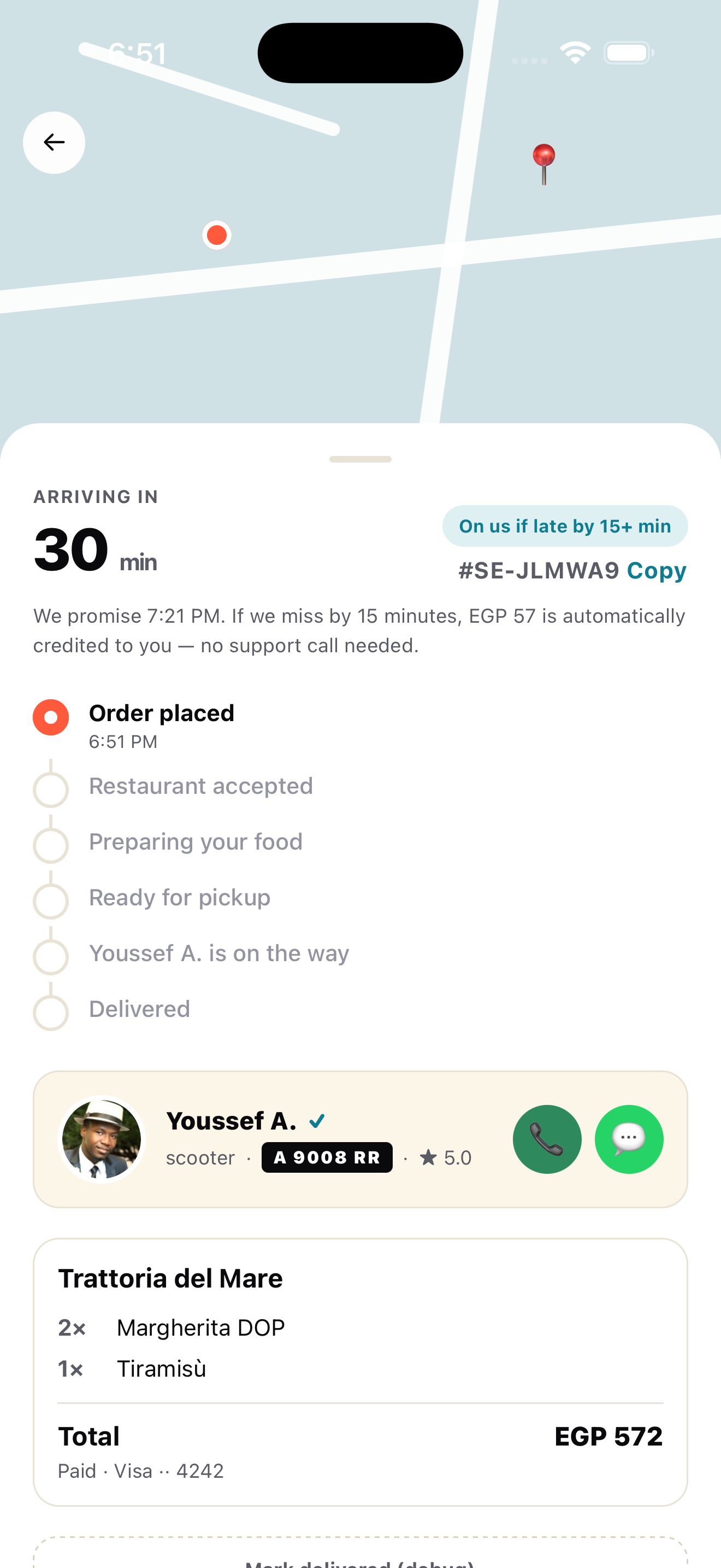 Live order tracking in the Sharm Eats app, with driver and ETA